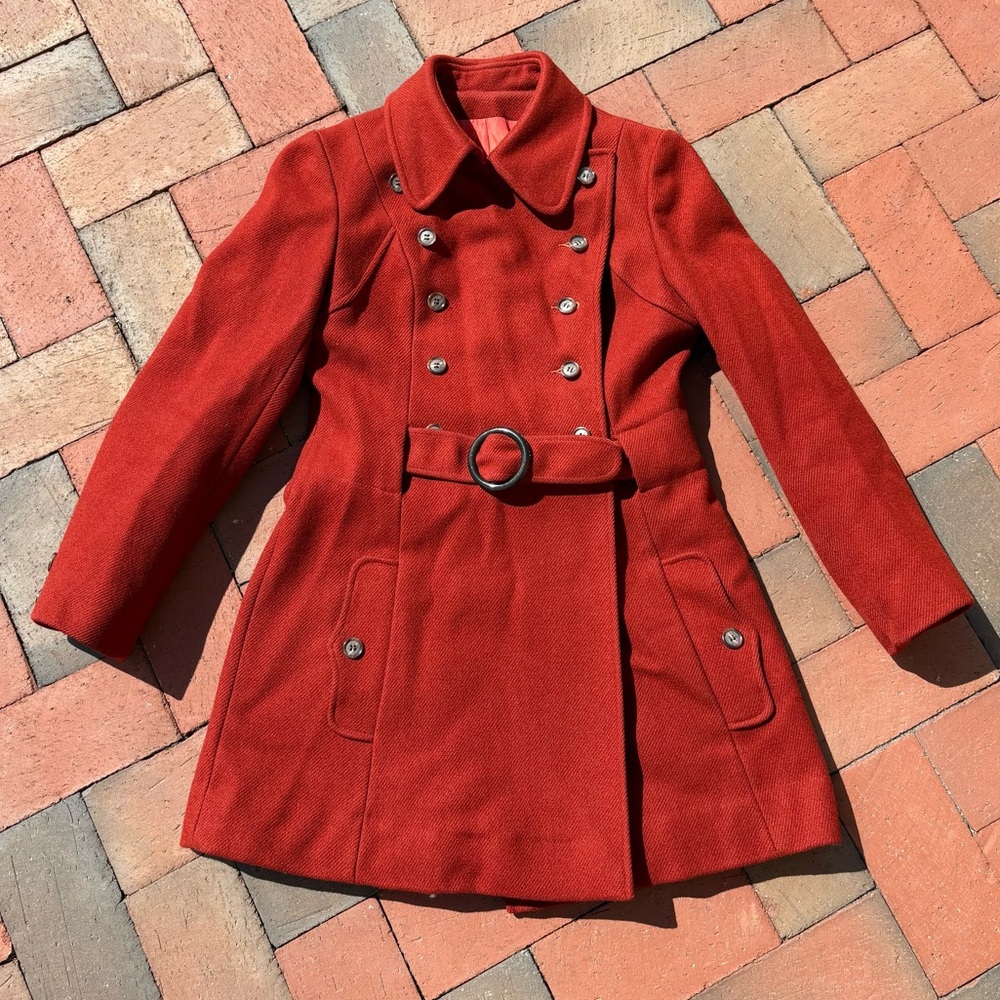 Vintage Scarlet Red Wool Vintage Coat Double-Breasted Ring Belt Academia Mod - Picture 2 of 15